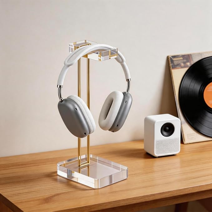 Acrylic Headphone Stand for Desk, Crystal Clear Headset Holder with Gold Metal Accent, Stable Non-Slip Base, Universal Gaming Headphone Hanger for PC Setup, Office & Home Desk Accessories