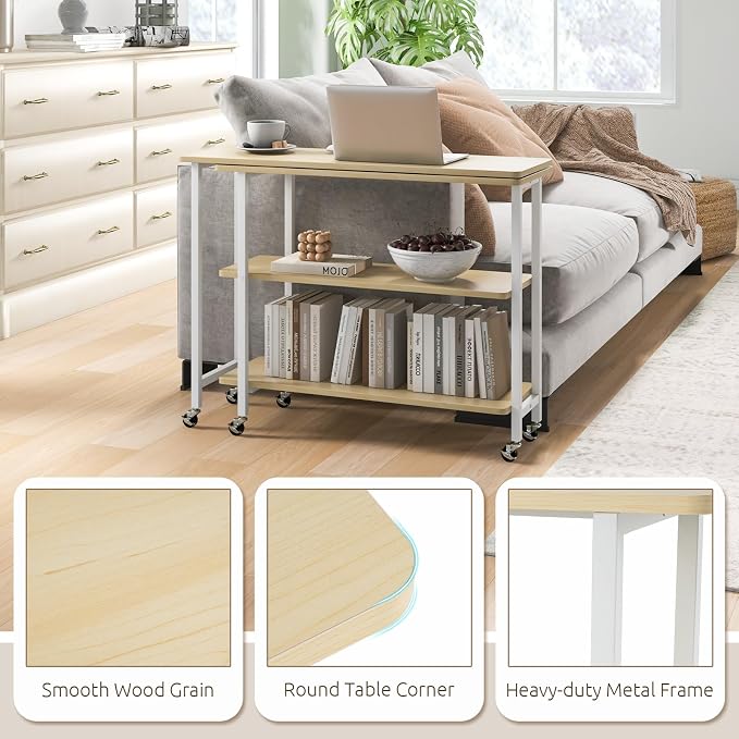 Tangkula 360° Rotating Sofa Side Table, Patented Mobile End Table with 2-Tier Storage Shelves, Swivel Rolling Desk with 6 Lockable Wheels, Metal Frame, Movable Laptop Table Couch Snack Table for Home