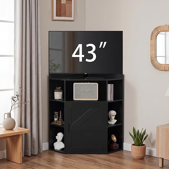 VECELO Corner Storage Cabinet with Charging Station, 34" Shelf with Door & Adjustable Shelves, Organizer for Living Room, Office & Gaming Setup, Fits Monitors up to 43" TV, Black