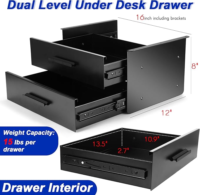 Menkxi 16'' Under Desk Drawer Slide-out Steel Under Counter Drawers Storage Organizer Large Hidden Pull-out Tray for Table Desks Home Office Workstation(Black,2 Layer)