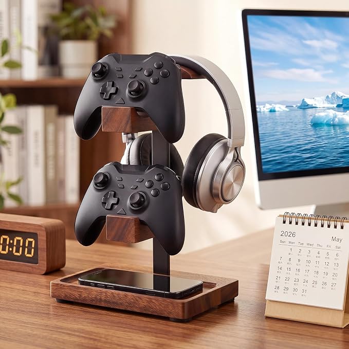 Headphone Stand with Controller Holder, Gaming Headset Stand for Desk, Walnut Headphone Holder Desk Organizer Gaming Accessories Gift for Gamers(Deep Walnut)