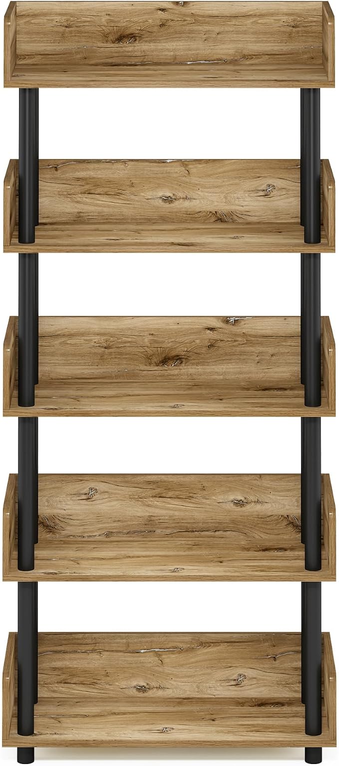 Furinno TURN-N-TUBE 5-Tier Display Shelf, Storage Shelves, Book Shelf, Open Shelves with Rounded Corner Top Edges, for Organization and Storage, Living Room, Home Office, Flagstaff Oak