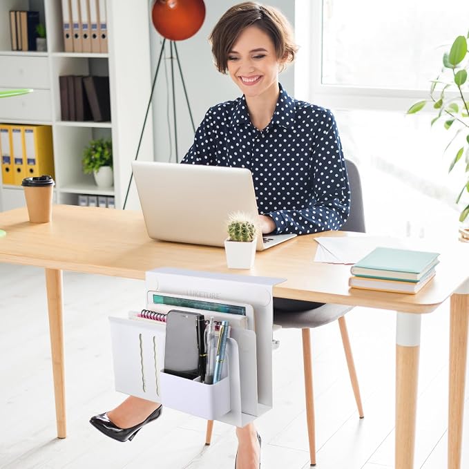 LUKETURE Desk Side Storage, 2 Tier Steel Side Desk Organizer, No Drill Laptop Holder, Clamp on Laptop Mount with Pen Holder, Fits Flat Edge Tables 0.3" to 2.8" (White, L(2 Tier))