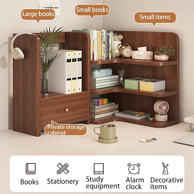 Corner Desktop Bookshelf with Drawer Wood Storage Organizer Shelves for Home Office Natural Wood 60cm/23.62in