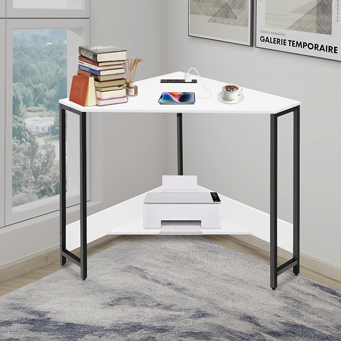 Corner Small Desk with Outlets, Triangle Desk with Storage, for Small Space Home Office, Workstation, Living Room, Bedroom (White)