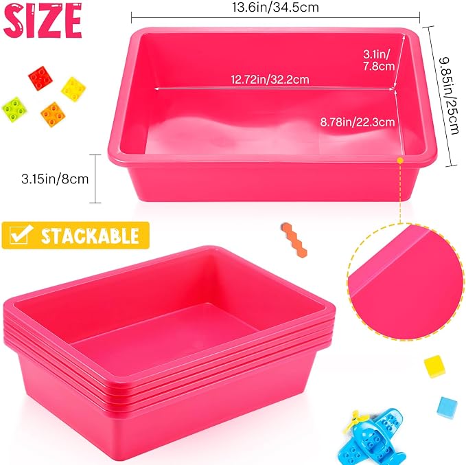 Hoteam 10 Pcs Flat Storage Organizer Tray Bin Paper Tray for Classroom Plastic Stackable File Organizer for School Office Teacher Book Organization(Dark Pink,13.78 x 9.84 x 3.15 Inch)