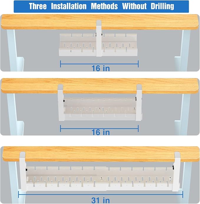 No Drilling Extendable Under Desk Cable Management, Metal Cable Management Tray Under Desk with Clamp, Retractable Power Strip Cord Holder for Wire Management 31Inch (1 Pack White)
