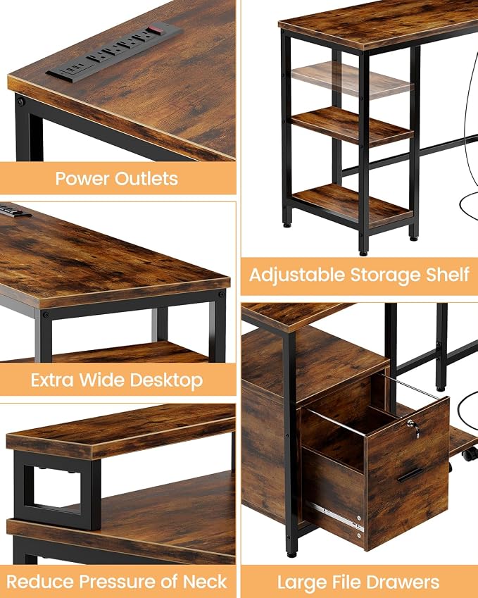 IDEALHOUSE Corner L-Shaped Computer Desk, Built-in Power Outlet & File Storage Drawer, with Monitor Shelf, Printer Storage, Mobile CPU Stand, for Home Office and Ergonomic Gaming Setup, Vintage Brown