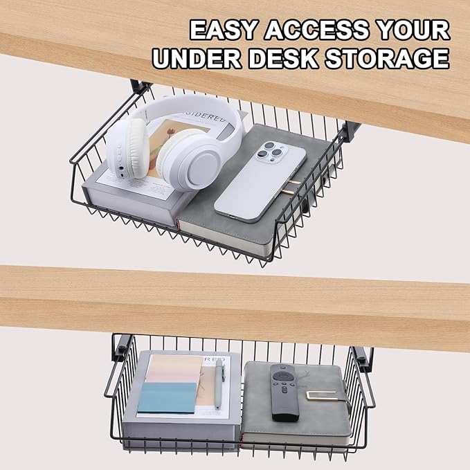 Under Desk Drawer, Slide Out Design,No Drill Metal Under Desk Cable Management, Storage Shelf Tray Basket Under Table Drawer Organizer for Office, Home, Workspace, Cabinet
