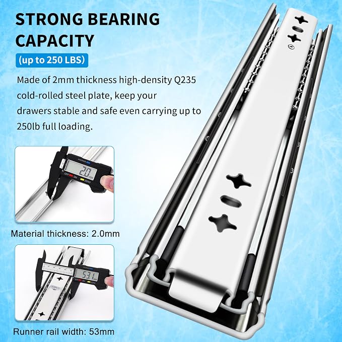 YENUO Heavy Duty Drawer Slides Full Extension 12 14 1618 20 22 24 26 28 30 32 34 36 38 40 Inch Side Mount Ball Bearing RailsTrack Guide Glides Runners 250 Lbs 1 Pair (No Lock) -W:53mm, 12 Inch