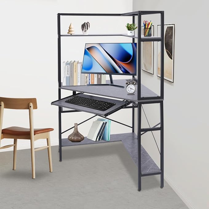 Corner Desk, Corner Computer Desk with Power Outlets, 29.5x29.5x60in Gaming Desk with LED Light Strip & Storage Shelves for Home Office and Small Space (Gray)