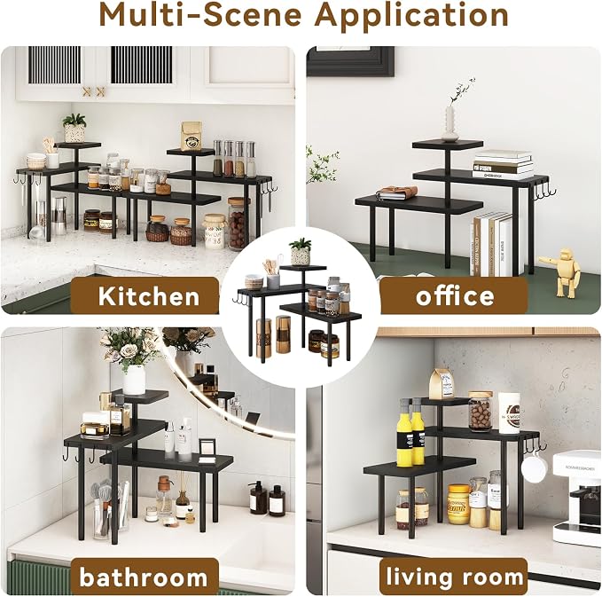 IBUYKE Countertop Organizer,3-Tier Spice Racks,Kitchen Counter Corner Shelf,4 Side Hooks,Adjustable Countertop Shelf for Kitchen, Bathroom, Coffee Bar, Cabinet, Desk,Black,TLJ023B