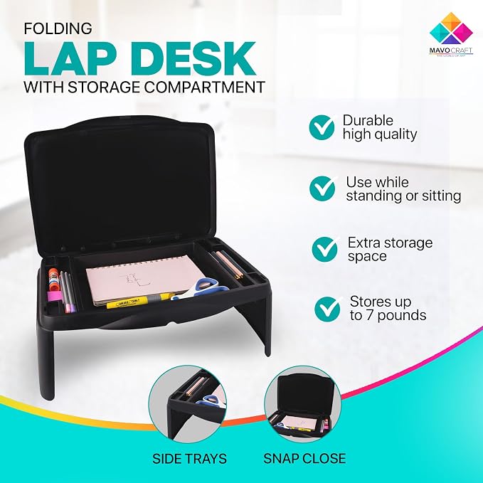 MAVOCRAFT Foldable Kids Lap Tray with Storage - Portable Lap Desk Kids & Adults - Kids Lap Desk for Breakfast in Bed, Serving Tray, Car Desk & Gaming (Black)