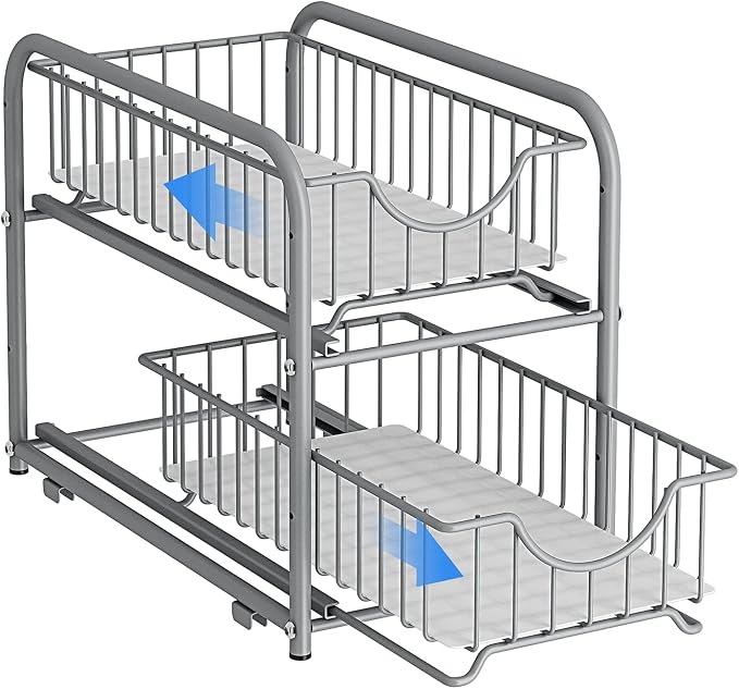 under sink storage 2 Tier Stackable Sliding Basket Organizer Drawer For Kitchen And Bathroom/Cabinet Drawers,silver