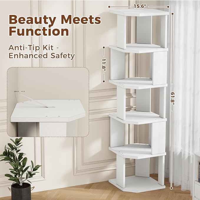 5 Tier Square Bookshelf Tower, Floor Standing Corner Bookshelf Modern Organizer Storage Display Rack for Home Office Living Room Study, Small Spaces