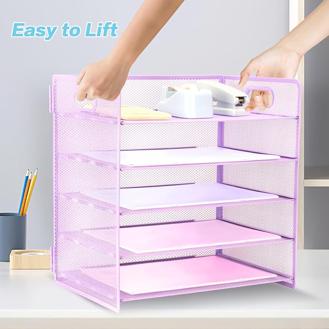 5 Tier Lettrer Tray Organizer with Handle, Metal Mesh Desk File Organizer with Sliding Trays, Paper Sorter Desk for Home Office School, Purple