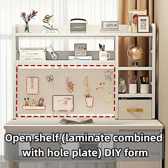 Desktop Bookshelf, pegboard Storage and Organization Rack, Dorm Desk Shelf, Desk Hutch, Desktop Storage for Office, Study, Student Display Rack,Desktop Shelves (White 45.3" Lx9.9 Wx37 H)