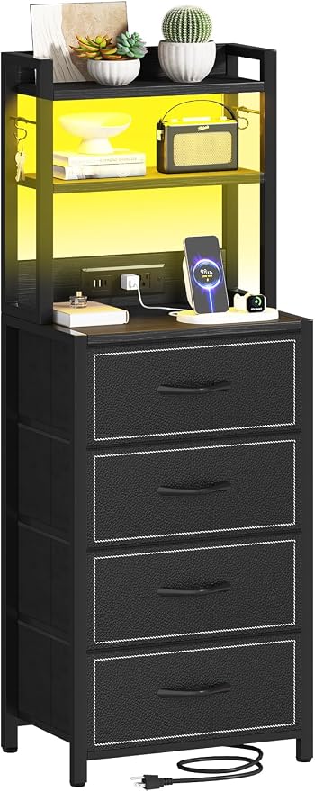 Tall Nightstand with LED Light, LED Night Stand with Charging Station and USB Type C Port, Bedside Table with 4 Fabric Drawers for Bedroom, Dorm, Office (Black)