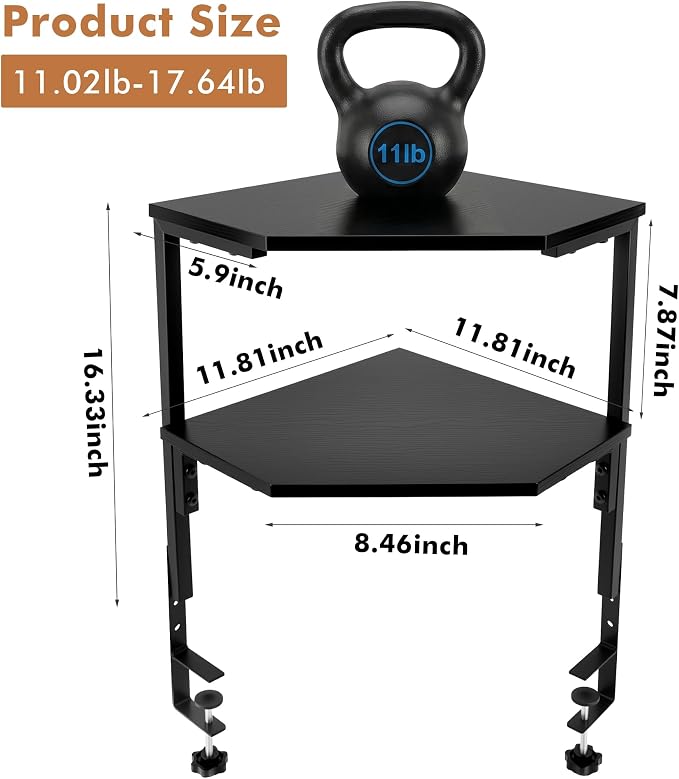 2-Tier Corner Clamp On Desk Shelf for Home Office Gaming Room | Adjustable Corner Clamp On Desk Shelf 2-Tier, Above Table Storage Shelves for Small Space Home Office & Gaming Room