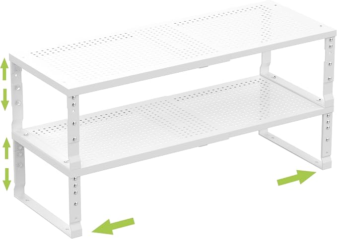 Jojocross Expandable Cabinet Shelf Organizer Storage Spice Rack Shelves for Kitchen Stackable Adjustable Pantry Cupboard Bathroom Countertop Desktop(2Packs/White/Large-with Hole)
