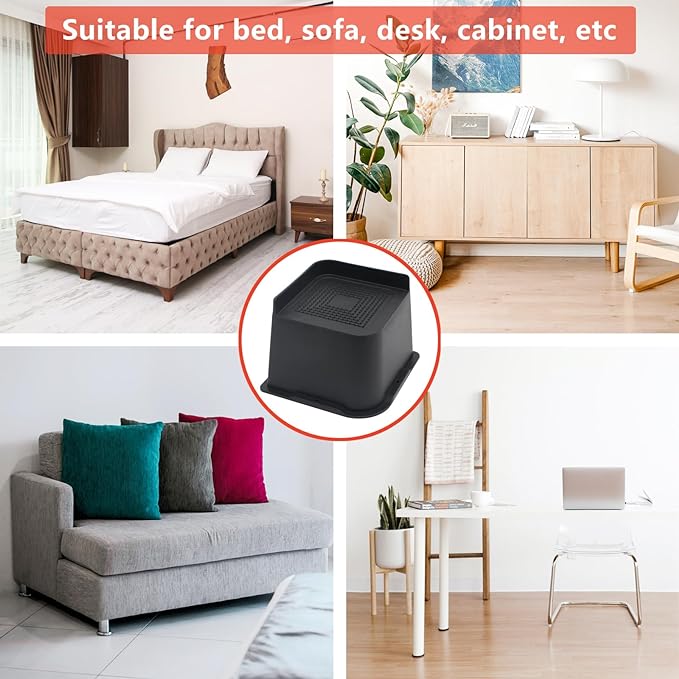 Bed Risers 4 inch Heavy Duty, 4 Pack Oversized Furniture Risers 6 inch, Black Bed Lifts Risers for Table, Sofa, Chair, Couch, Desk, Bed Frame Risers Supports Up to 6,500 Lbs