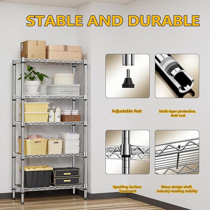 M MZG 1250 lbs 5 Tier Shelf Metal Storage Shelves Shelving Wire Rack Heavy Duty Closet Organizers for Garage Kitchen Bathroom Laundry Chrome 13.8" D x 29.5" W x 59.5" H