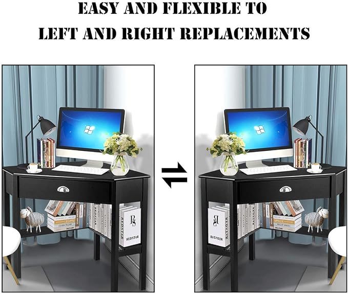 Tangkula Corner Desk, Corner Computer Desk with Drawer for Small Space, Small Corner Makeup Vanity Desk, 90 Degrees Triangle Corner Desk with Storage Shelves