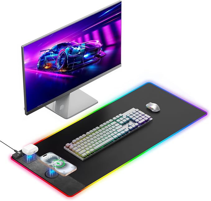 Mouse Pad with Magnetic Wireless Charging, Large Desk Pad Protector, RGB Black Desk Mat with 15W Fast Charger, Non-Slip Waterproof Mousepad for Office Home Gaming