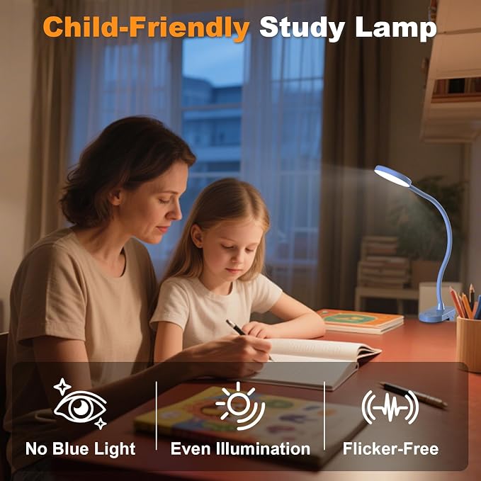 Cordless Clip on Reading Light, Rechargeable LED Book Lamp for Kids, Flexible and Dimmable Clamp Light with 3 Color Modes & 10 Brightness for Students Dorm Room Desk Bunk Bed Headboard (Blue/3.5'')