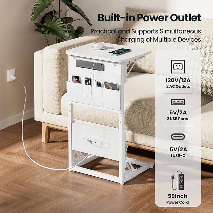 HLDIRECT C Shaped End Table with Charging Station, Couch Side Table with Storage Bag, Foldable TV Tray with 2 USB Ports and Outlets for Living Room, Bedroom, White