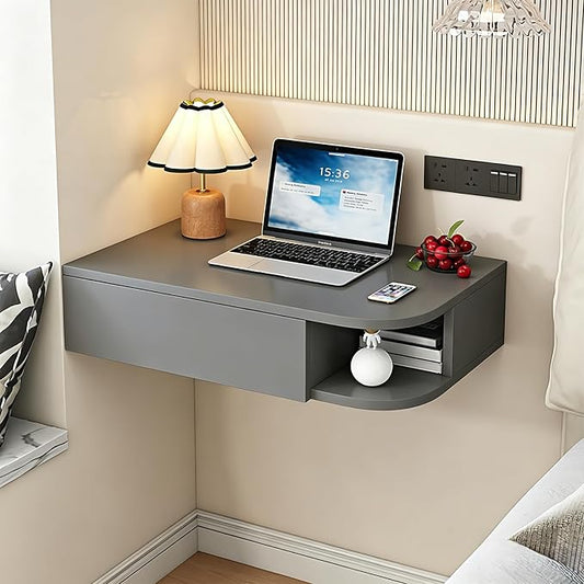 Corner Floating Desk with Drawer, Wall Mounted Desk with Open Shelving, Floating Makeup Vanity with Storage, Scratch-Resistant, Space Saving, for Bedroom Living Room Small Spaces Apartment