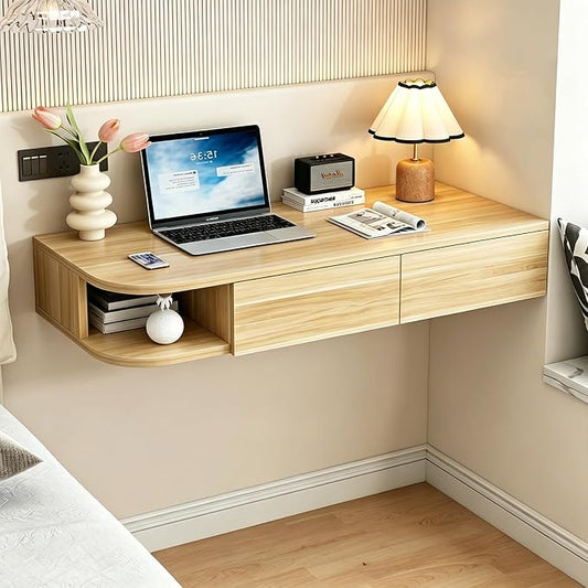 Corner Floating Desk with Drawer, Wall Mounted Desk with Open Shelving, Floating Makeup Vanity with Storage, Scratch-Resistant, Space Saving, for Bedroom Living Room Small Spaces Apartment