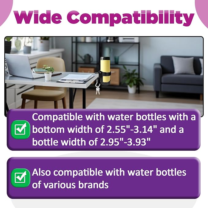 4Pcs 2-in-1 Desk Cup Holder, Compatible with Stanley and Owala Water Cup | Adjustable Anti-Spill Tumbler Clamp Organizer with Hook, Ideal for Office and Home Workstation (Black)