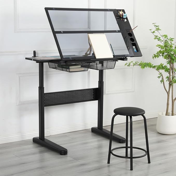 Adjustable Drafting Table with Hand-Crank Lift, 0-75° Tilting Tempered Glass Art Desk with Metal Drawers & Slide-Out MDF Side Table, Height Adjustable 29.5"-41.3" Drawing Desk with Storage & Stool