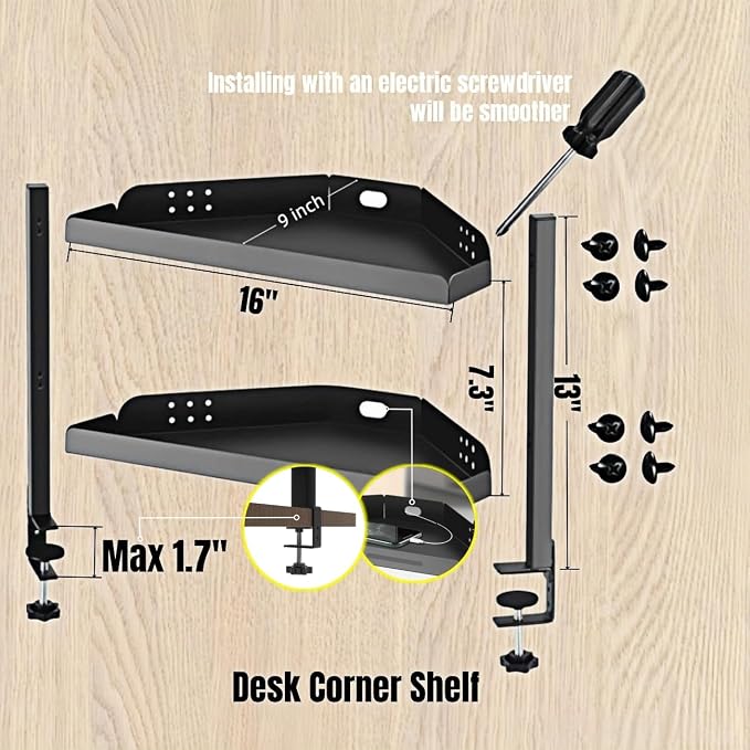 CanKing Desk Clamp Corner Shelf 16 Inch Metal Organizer 2 Tier Adjustable Storage Rack Fits on or Under Table for Desktop Accessories Tray
