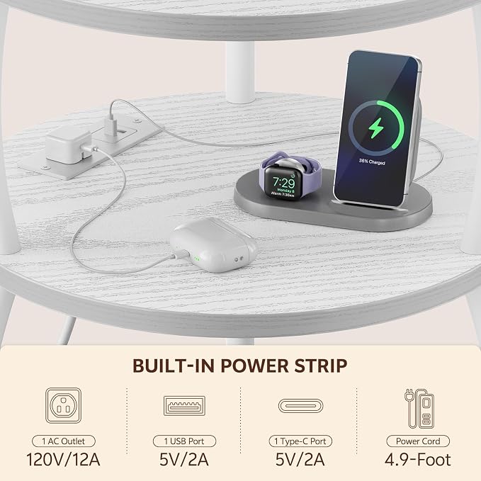 Round End Table with Charging Station, USB Ports, 15.75in Small Side Table with Storage Basket, Coffee Table Sofa Side Table for Small Spaces, Nightstand for Living Room Bedroom Matte White