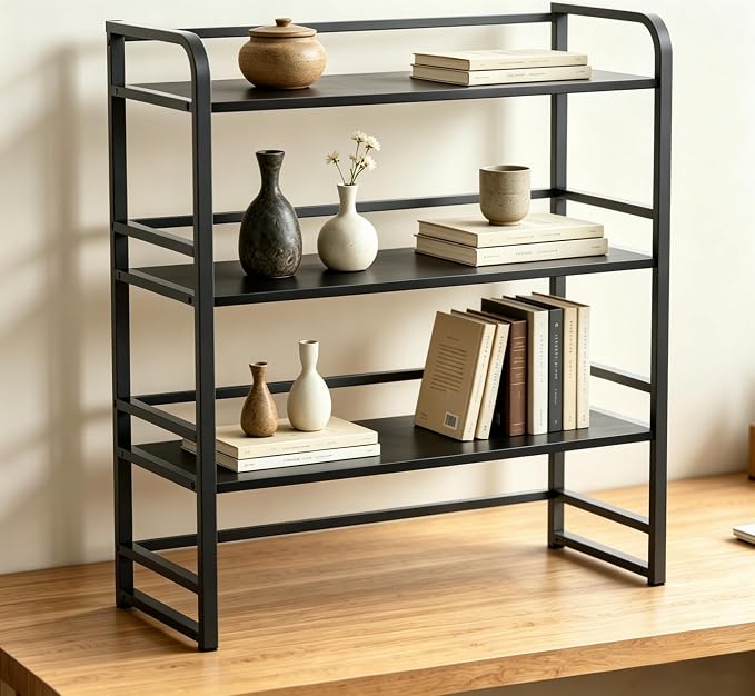 Office Desk Shelf Organizer, Wood Desktop Bookshelf Supplies Storage Rack, Shelf for Top of Desk and Dresser and Cubicle Decor Aesthetic Bookshelf (Black Black, Three Tier, 19.69Lx7.87Wx22.05H)