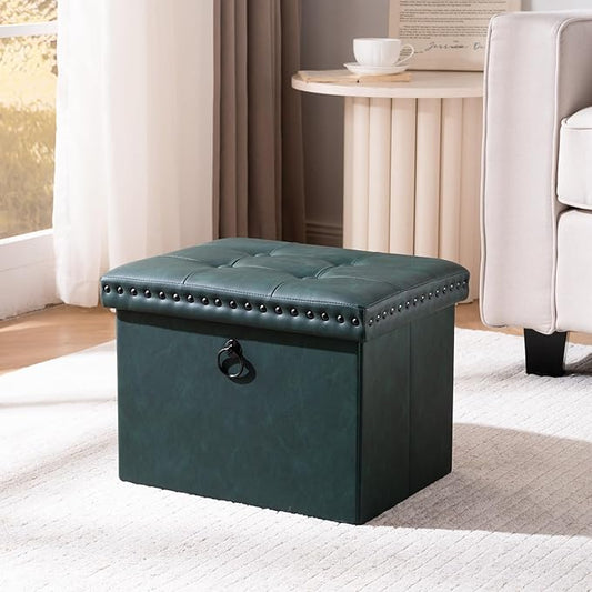 oakvivo Small 16 x 12 x12 Inches Folding Storage Ottoman, Faux Leather Foot Rest Stool with Rivet Design, Ottoman with Storage Vanity Stool Coffee Table for Living Room, Bedroom, Load 242 lbs, Green