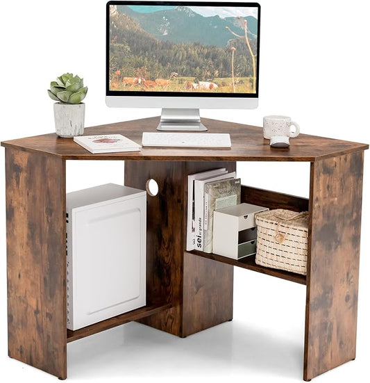 Small Corner Desk, Space-Saving Corner Workstation with Storage Shelves & CPU Stand, 90 Degree Triangle Makeup Vanity Desk, Wood Corner Computer Desk for Small Space (Rustic Brown)