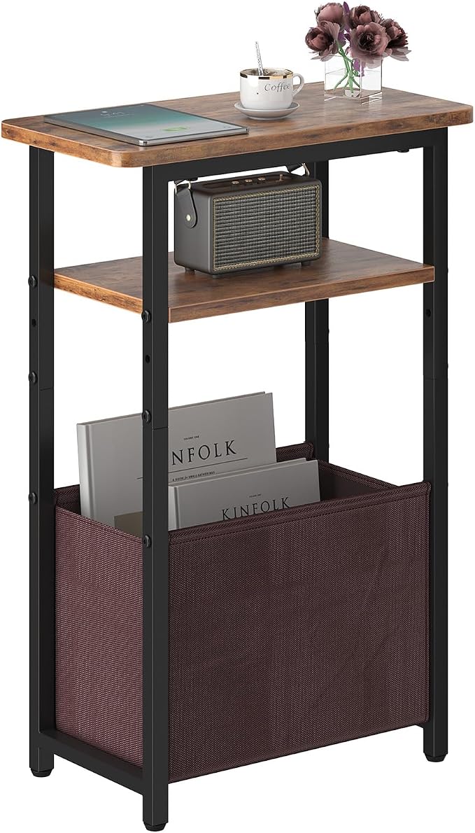 sthmec Narrow Side Table, Skinny End Tables with Fabric Basket, Small Side Tables for Small Space, 2-Tier Open Shelves with Basket, Slim Nightstands for Bedroom,Living Room,Office, Rustic Brown
