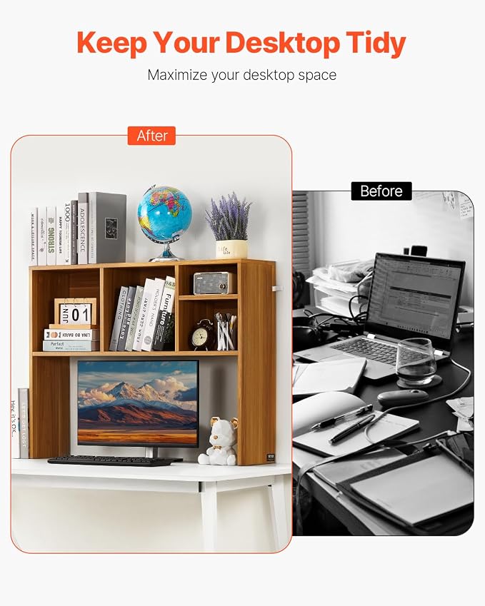 VEVOR Desktop Bookshelf, Storage Organizer with 5 Shelves for Computer Desk, Wooden Shelf Desk Hutch with Anti-Slip Feet Pads, Desk Top Display Rack for Office, Home & Dorm, Brown