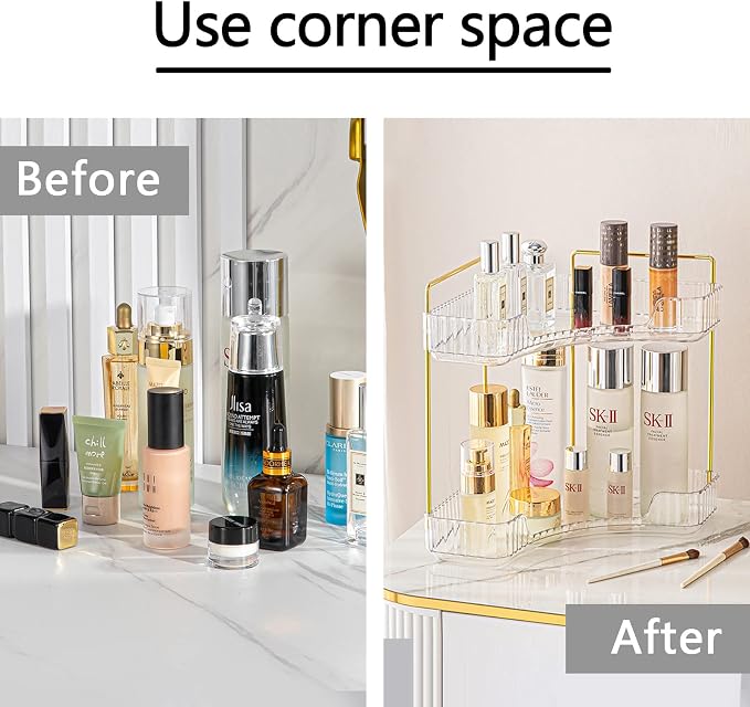shuang qing 2-Tier Corner Bathroom Counter Organizer – Classic Storage Shelf for Makeup, Perfume & Toiletries, Space-Saving Countertop Tray Fits Bathroom, Dresser, Kitchen (Classic White)