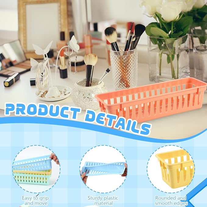 12 Pcs Morandi Slim Plastic Storage Baskets Tray 10 x 3 x 2.5 Inch Compact Stackable Desk Organizer for Office, Classroom, School Supplies, and Home Storage, Organization(Morandi)
