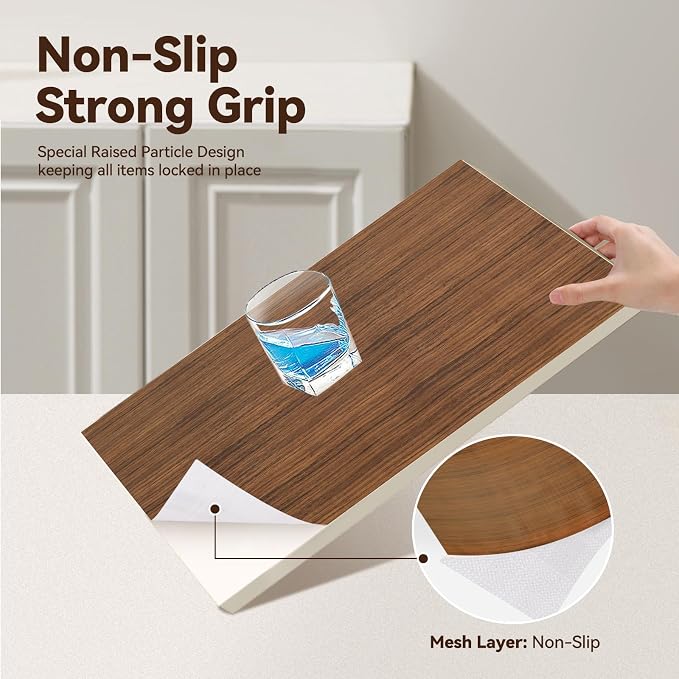 Drawer Shelf Liner for Kitchen Cabinets, Non Adhesive Slip Resistant Shelf Paper Easy to Clean, Strong Grip Thickened Waterproof Washable Mats for Pantry Shelves, Cupboard, Wood Grain, 12 in x 10 FT