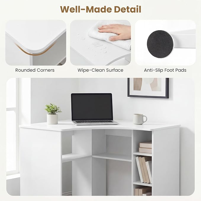 GOFLAME White Corner Desk with Charging Station, Small Corner Desk with Storage Shelves, Triangle Computer Desk, Study Writing Table for Home Office, Small Spaces