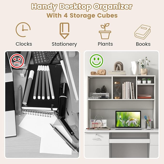 Giantex Desktop Bookshelf, Countertop Storage Hutch with 4 Shelves for Computer Desk, Dressing Tabletop Display Rack, Multipurpose Desk Hutch Storage Organizer for Home Office Dorm, White