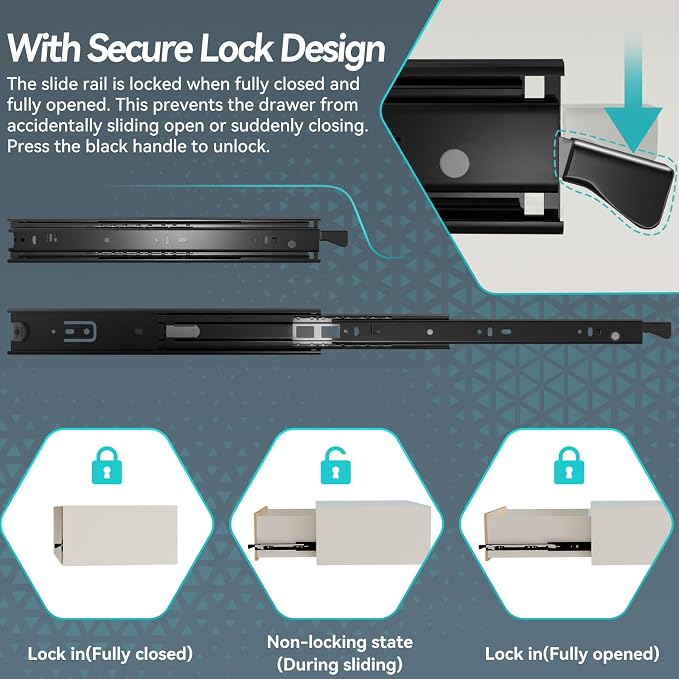 1 Pair Locking Full Extension Ball Bearing Drawer Slides 12 14 16 18 20 22 24 Inch 100 LB Load Capacity Side Mount File Cabinet Rails Dresser Runner Trash Can Kitchen (16 inch, Black)