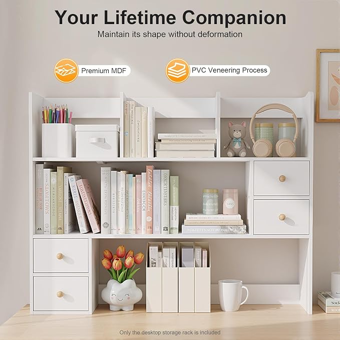 3-Tier Desktop Hutch Bookshelf, 31.5 Inch Desktop Bookshelf Storage Rack with 4 Drawers, Desk Hutch for Computer Monitor, Desk Shelf Bookcase for Home Office Dorm