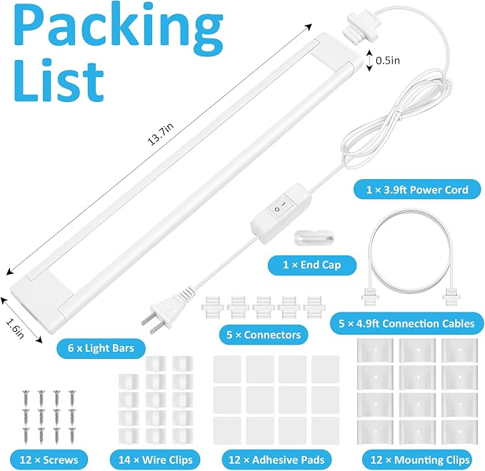 maylit Under Cabinet Lighting Plug in, 6 Pcs 14 Inch Linkable Ultra Bright LED Light Bars, Renter Friendly Lamp, Wired Indoor Lights for Kitchen Cabinet, Counter, Workbench, Desk, Shelf, Cool White