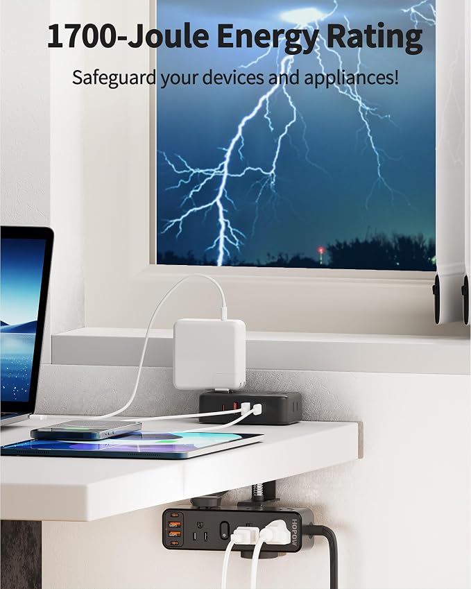 HOPOW Dual Layer Desk Clamp Power Strip with 13 AC Outlets 8 USB (4 USB C), Fit 2.75" Tabletop, Desktop Edge Mounted Surge Protector (1700J),10 Ft Extension Cord, Desk Outlet for Office Home, Black